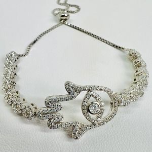 Hamsa Hand Evil Eye Bracelet 925 Silver CZ Stones Adjustable NEW
